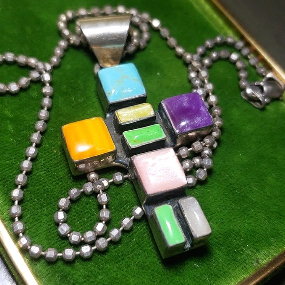 MEXICO RARE VINTAGE 925 STERLING SILVER INLAY CROSS WITH STERLING BALL CHAIN